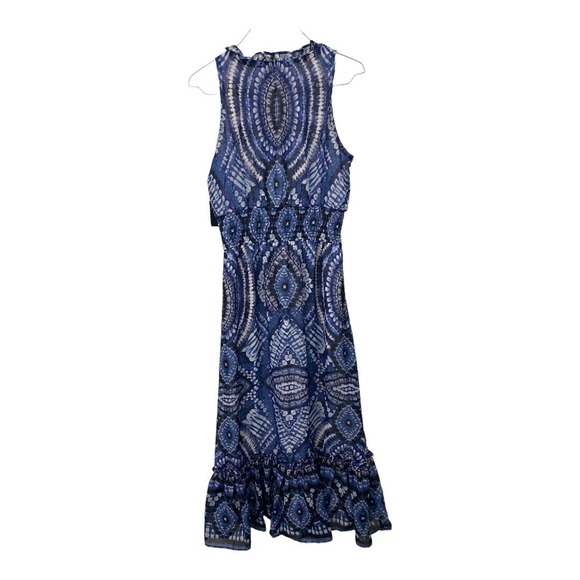 NWT Just Taylor Midi Dress 4 Blue V-Neck A-Line Voile Printed Smocked Ruffle Hem - Picture 3 of 5